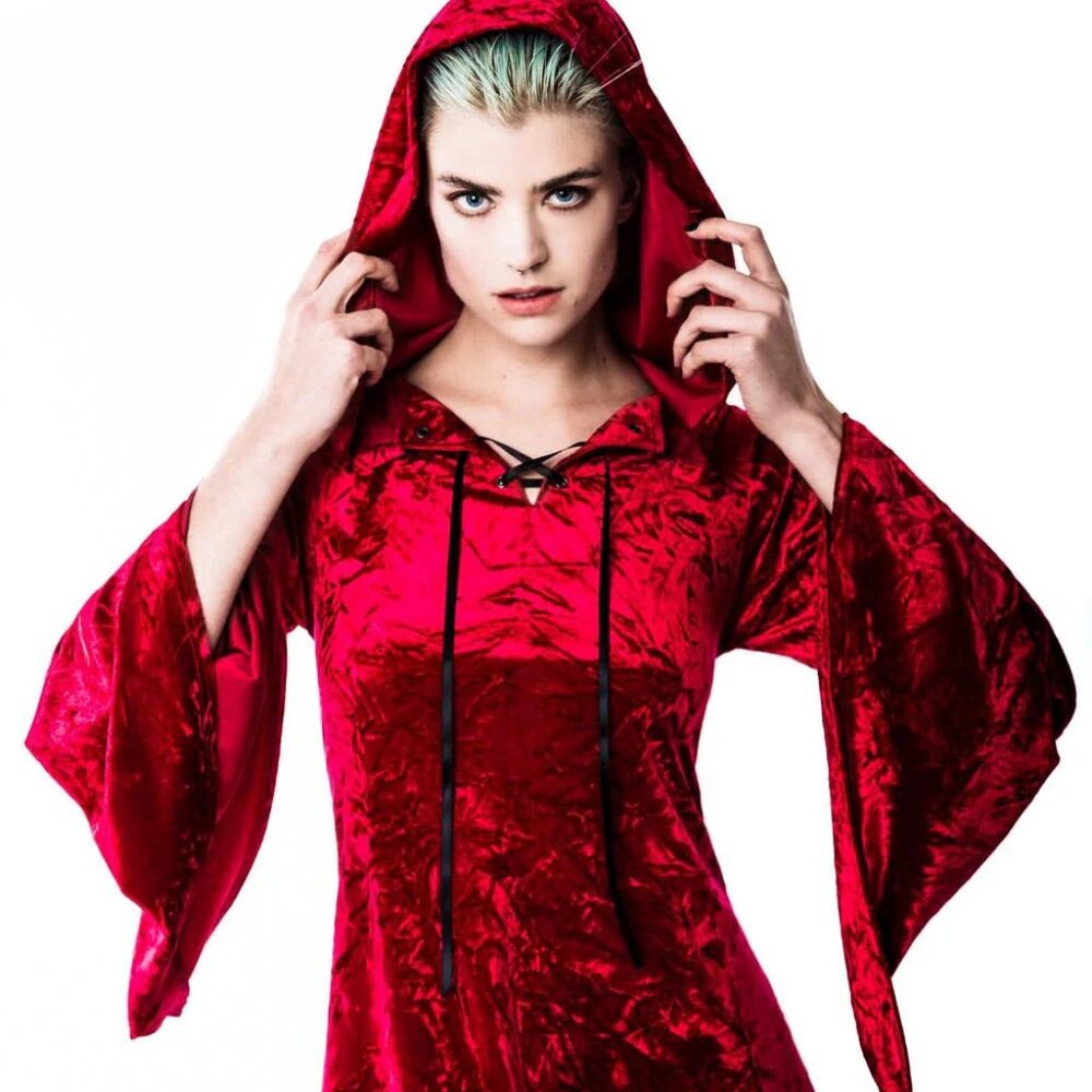 Crushed Red Velvet Witch Hood Dress [CRIMSON]